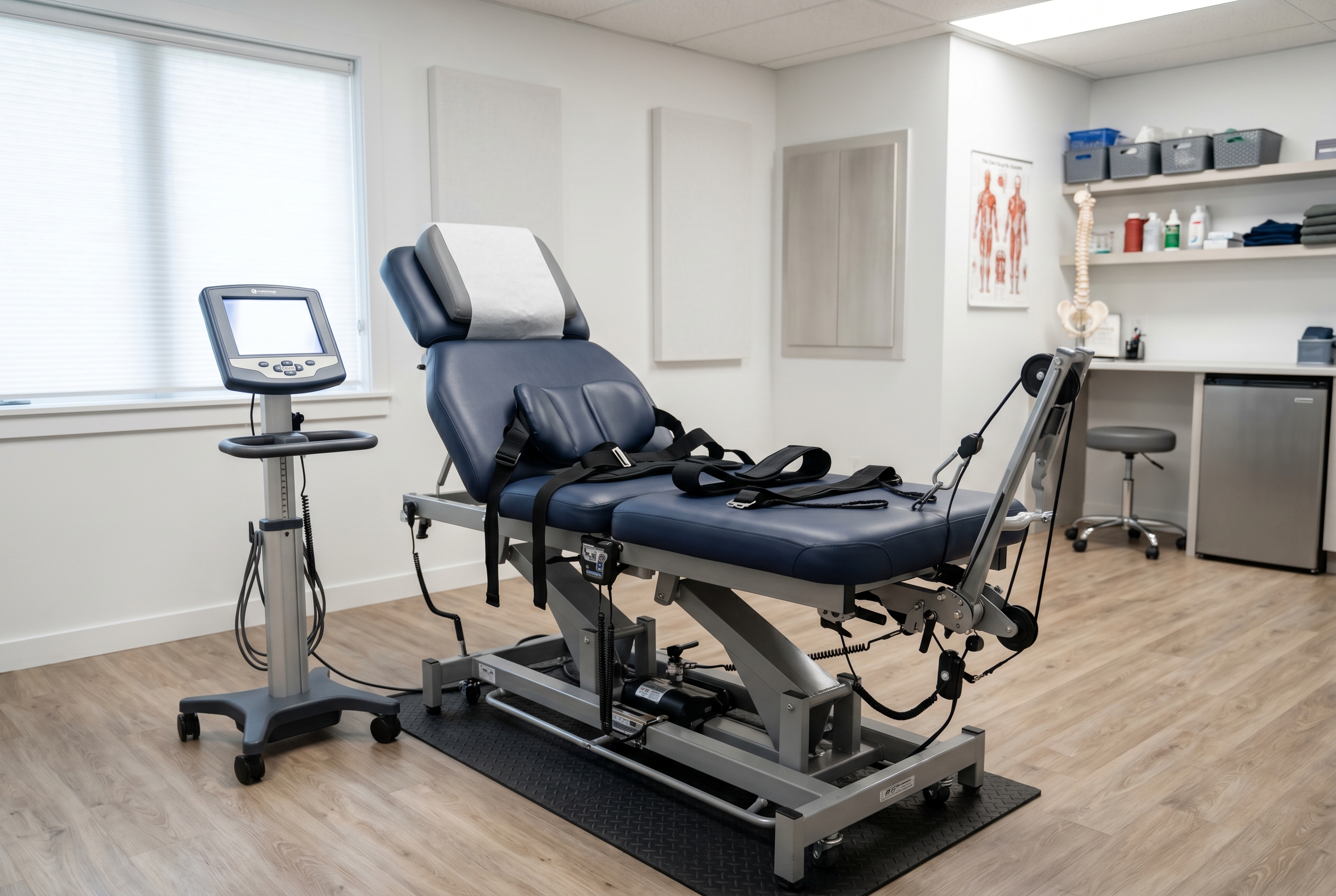 Non-surgical spinal decompression table in a modern San Diego spine clinic treatment room