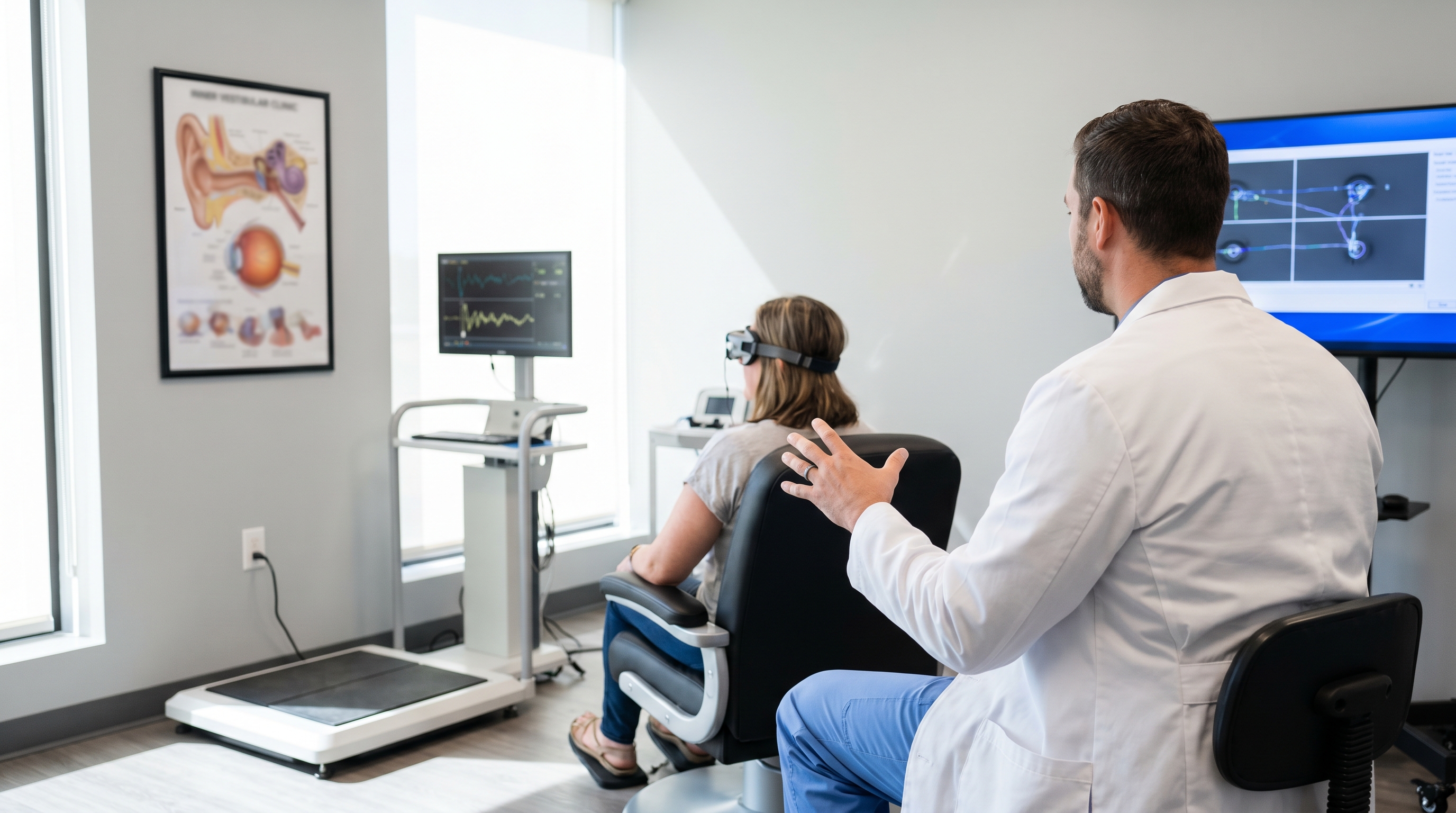 Clinician guiding a balance and vestibular evaluation for a patient with vertigo in San Diego