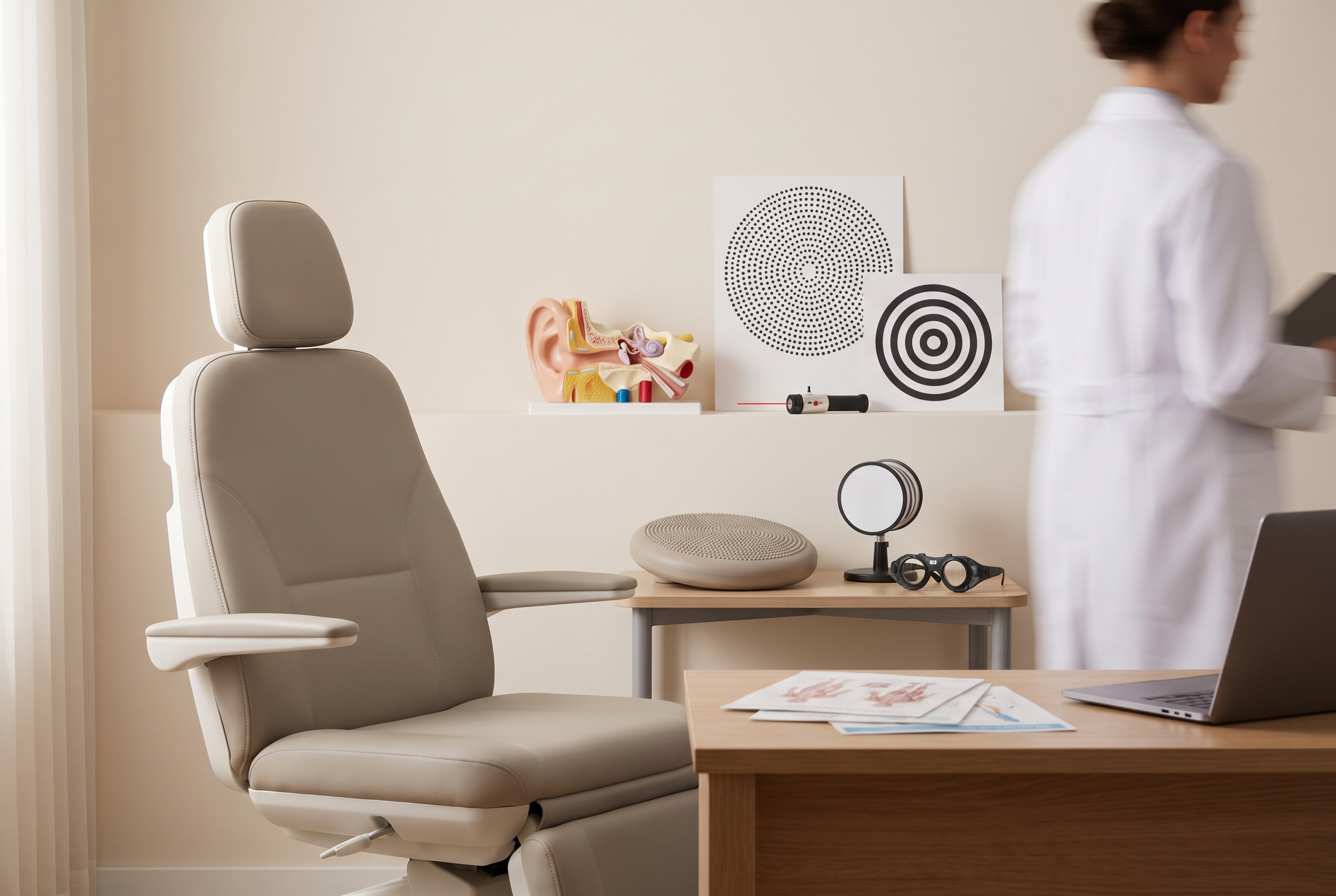 Clinical vestibular assessment setup illustrating comparison of vestibular migraine and BPPV without visible faces