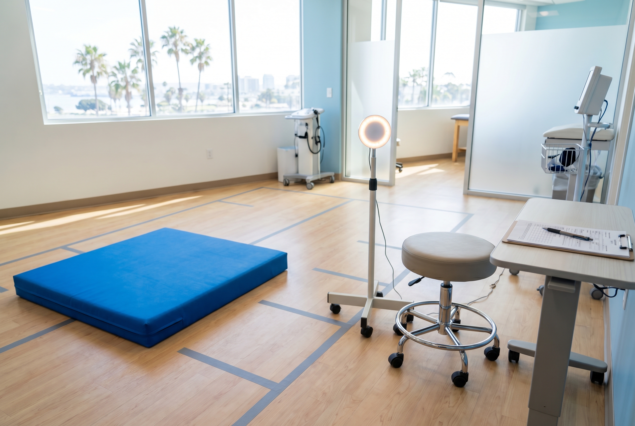 Vestibular balance and eye movement assessment setup in a clean San Diego clinic