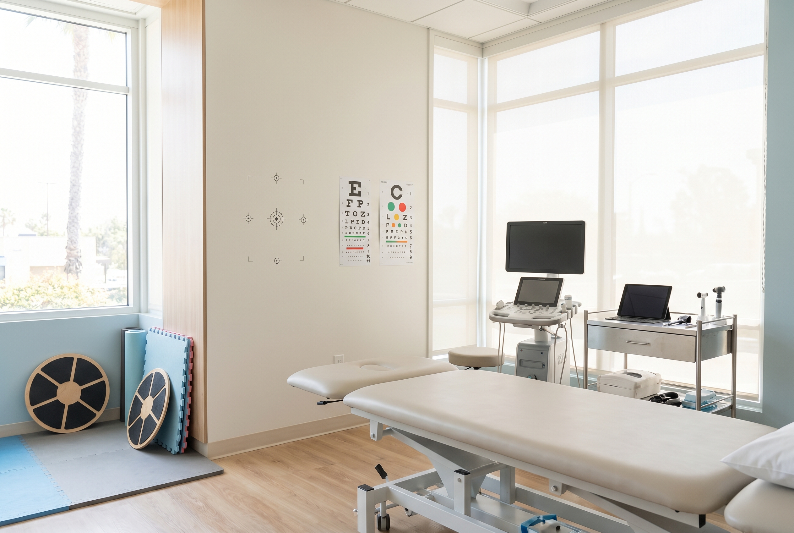 Clinical vision and vestibular assessment setup for post-concussion symptoms in a San Diego rehabilitation clinic