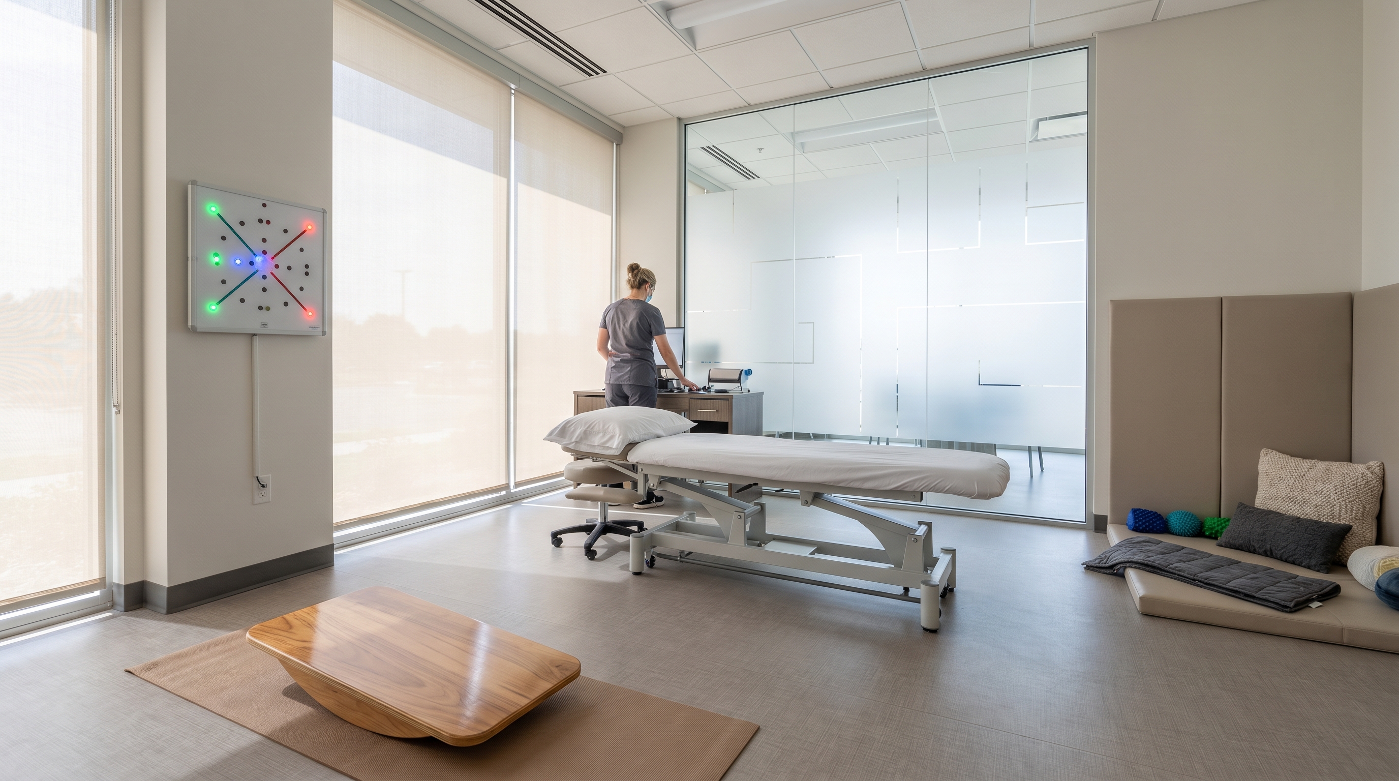 Clinical neurologic rehabilitation setting with balance, eye-movement, and sensory-integration evaluation cues