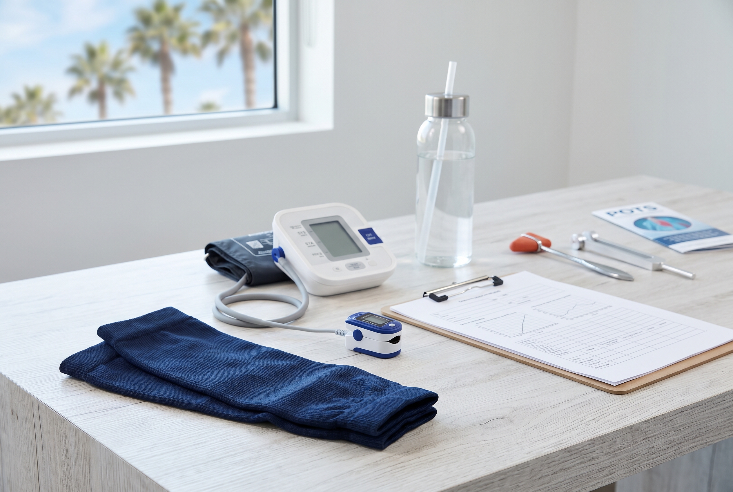 Clinical autonomic evaluation setup with blood pressure cuff, pulse oximeter, hydration supplies, and neurologic assessment tools in a clean exam room