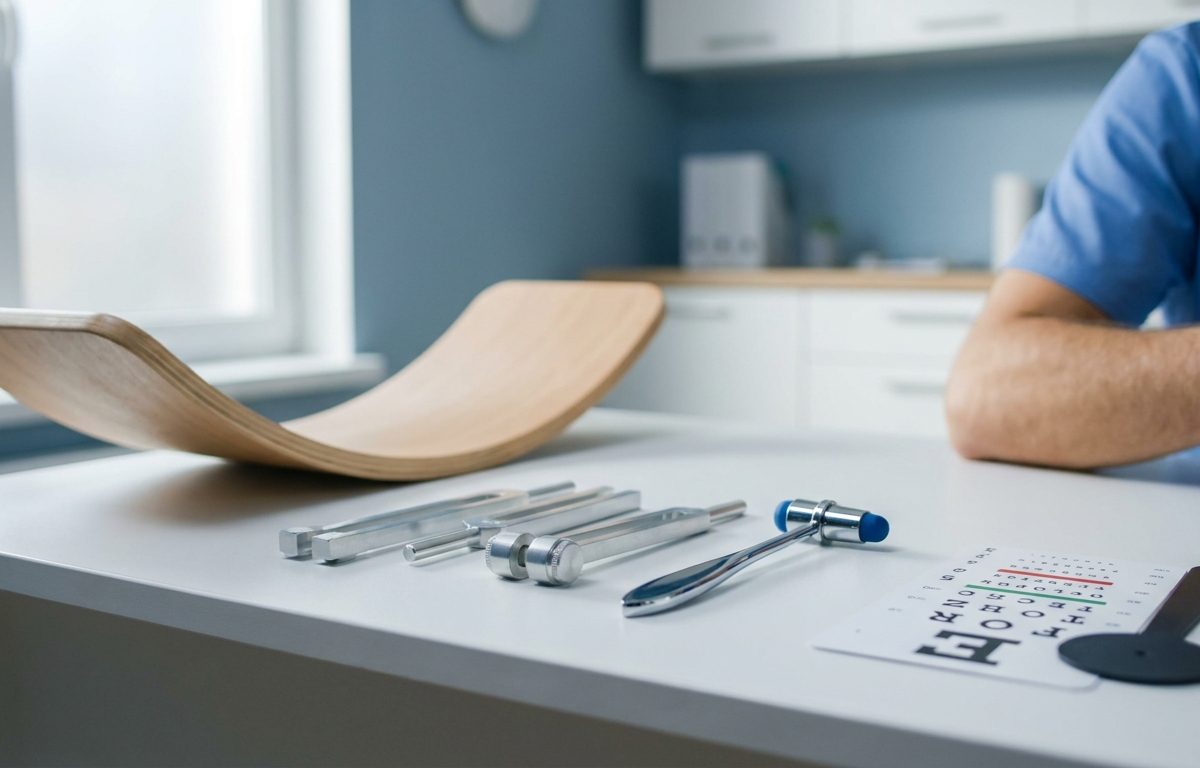 Clinical concussion rehabilitation scene with balance and visual assessment equipment in a modern San Diego exam room