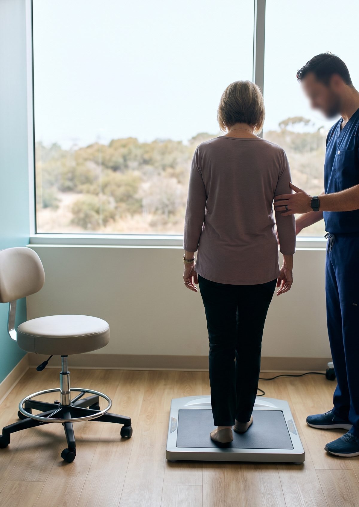 Clinical migraine evaluation setup with neurologic and balance testing tools in a modern San Diego clinic