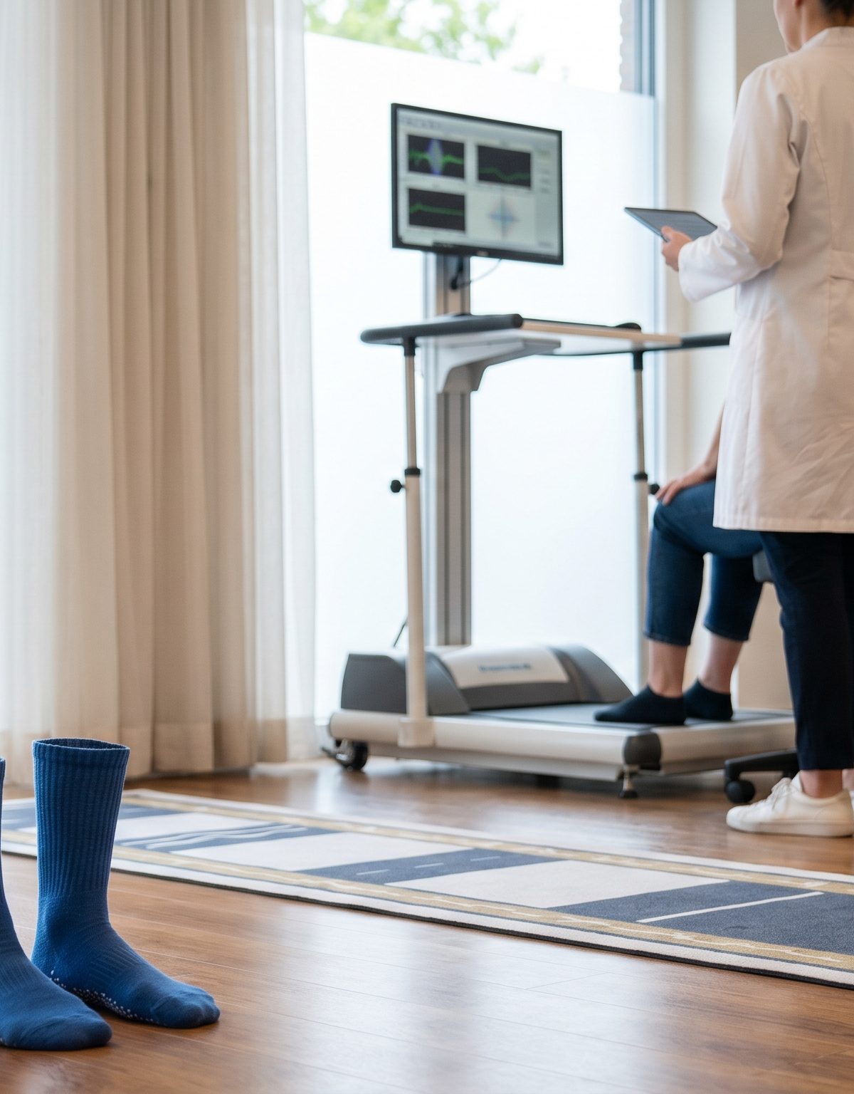 Clinical balance assessment setup with vestibular and neurologic testing equipment in a modern San Diego rehabilitation setting