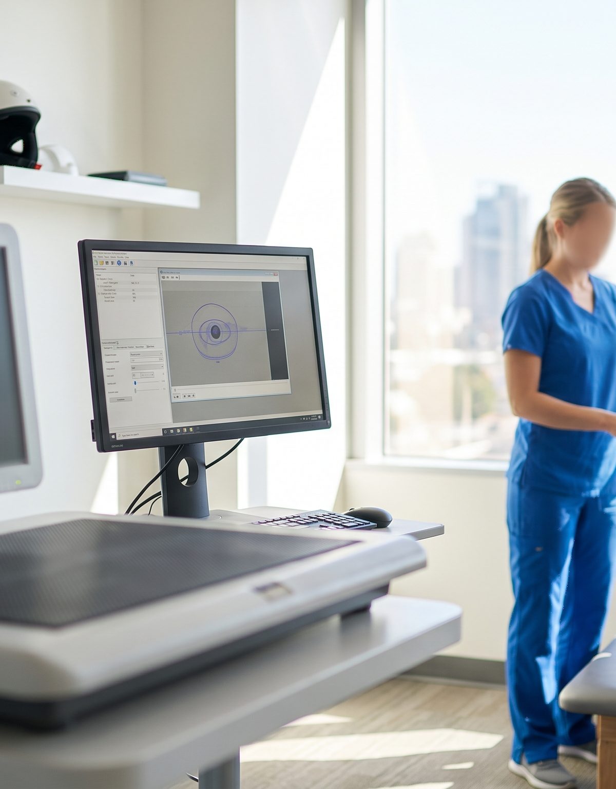 Clinical concussion assessment setup with balance and eye tracking tools in a modern rehab setting