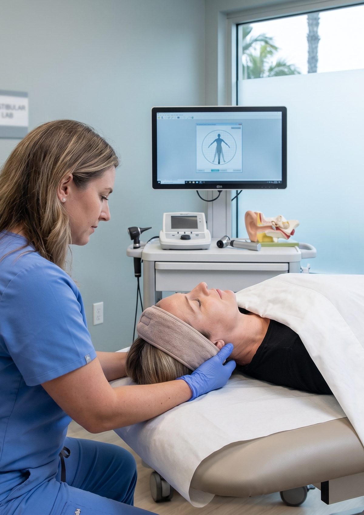 Clinical vestibular evaluation setup for positional vertigo assessment in San Diego