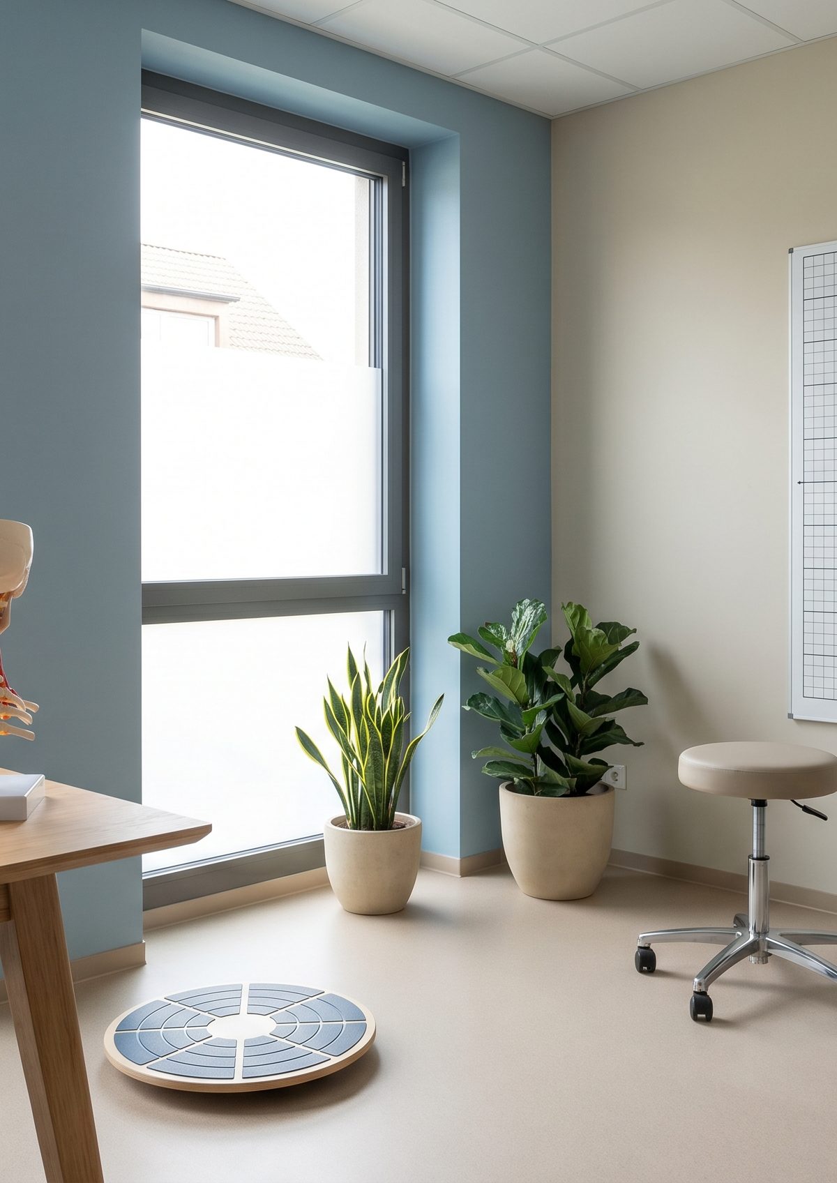 Clinical balance and cervical assessment setup in a modern exam room with no people visible