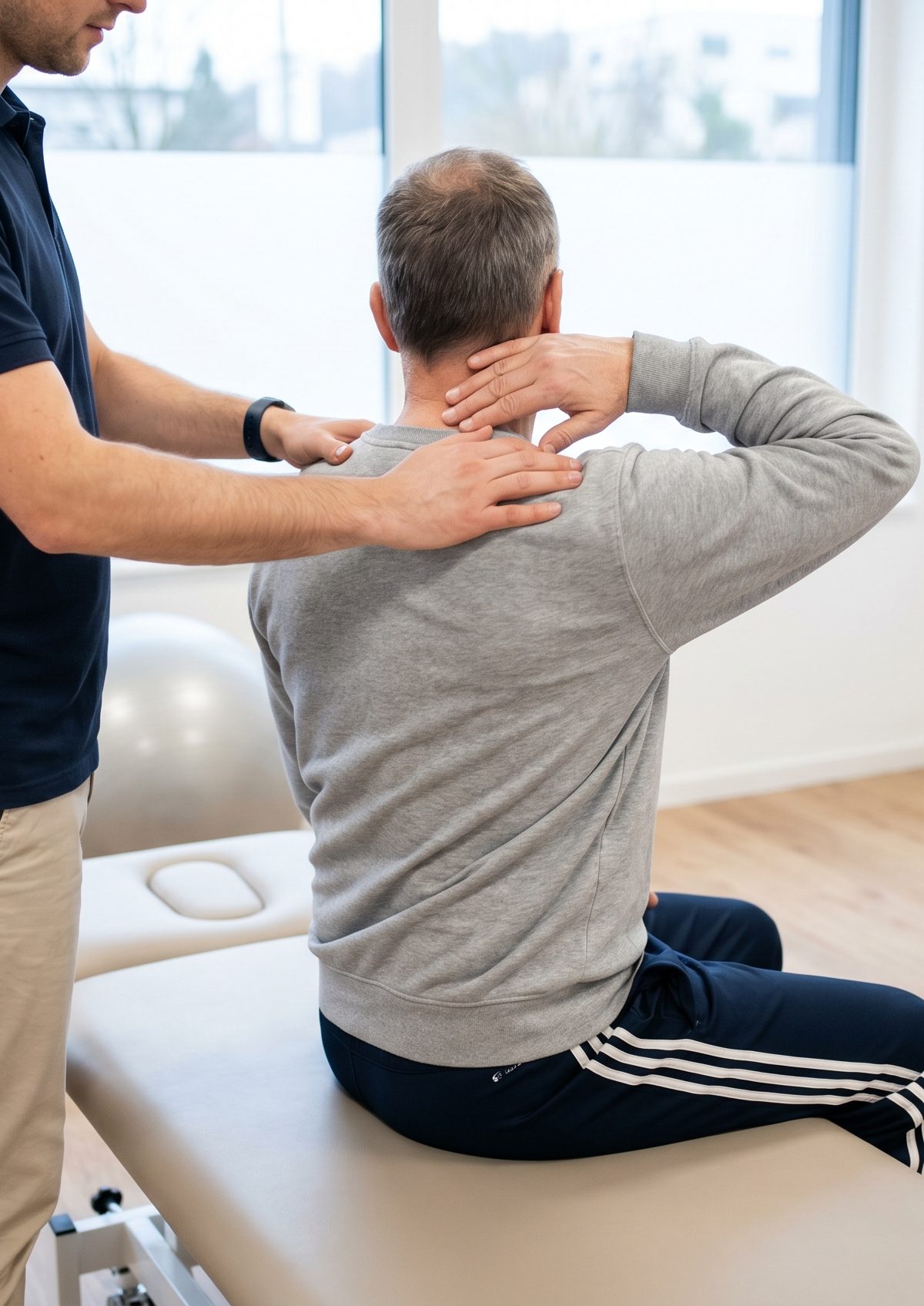 Therapist guiding a patient through balance and neck rehabilitation for cervicogenic dizziness treatment in a clinical setting