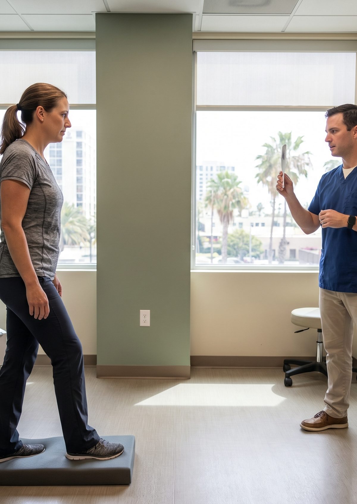 Patient completing concussion rehabilitation exercises for brain fog recovery in a San Diego clinic