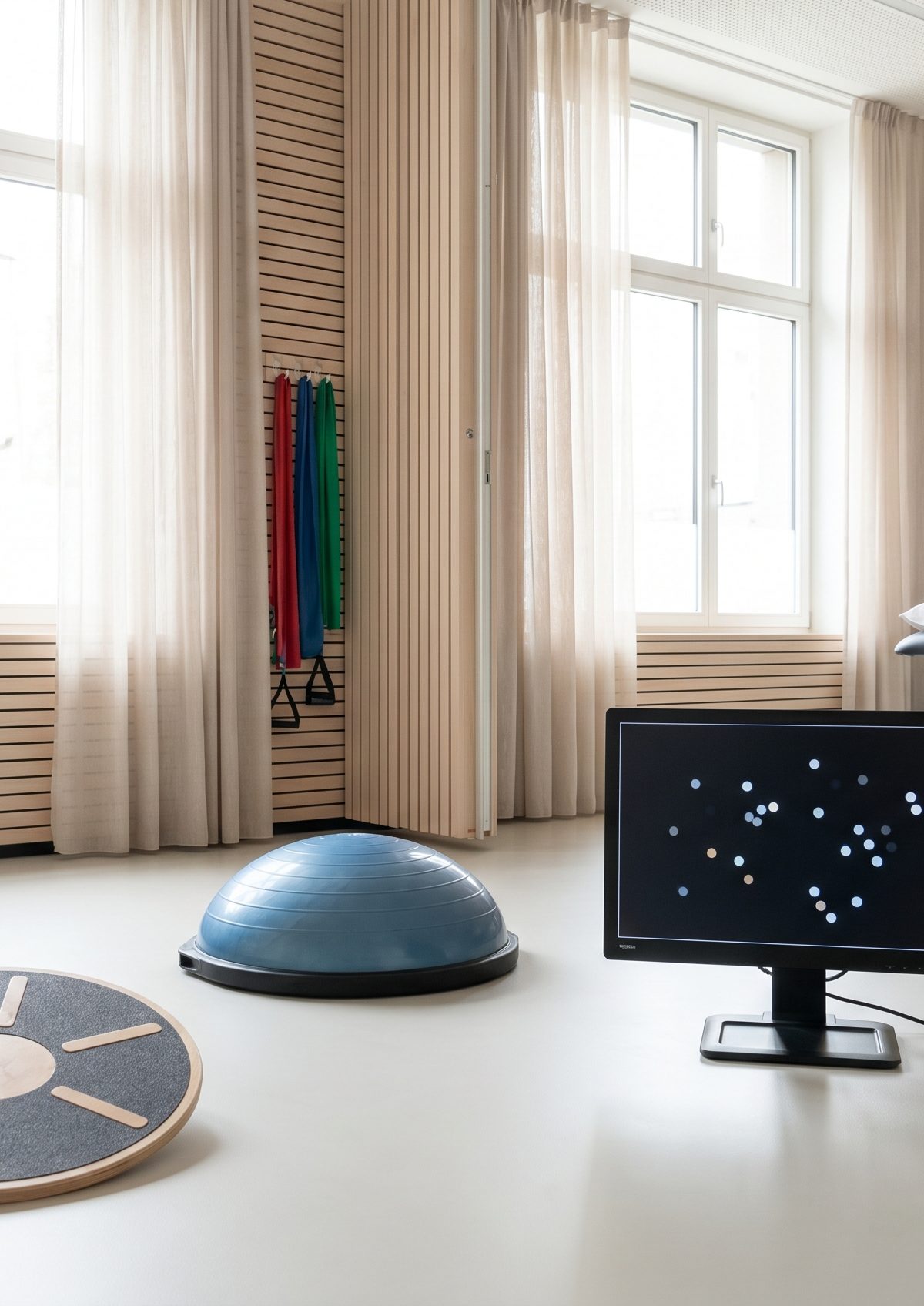 Clinical rehabilitation setting with balance and visual concussion assessment equipment