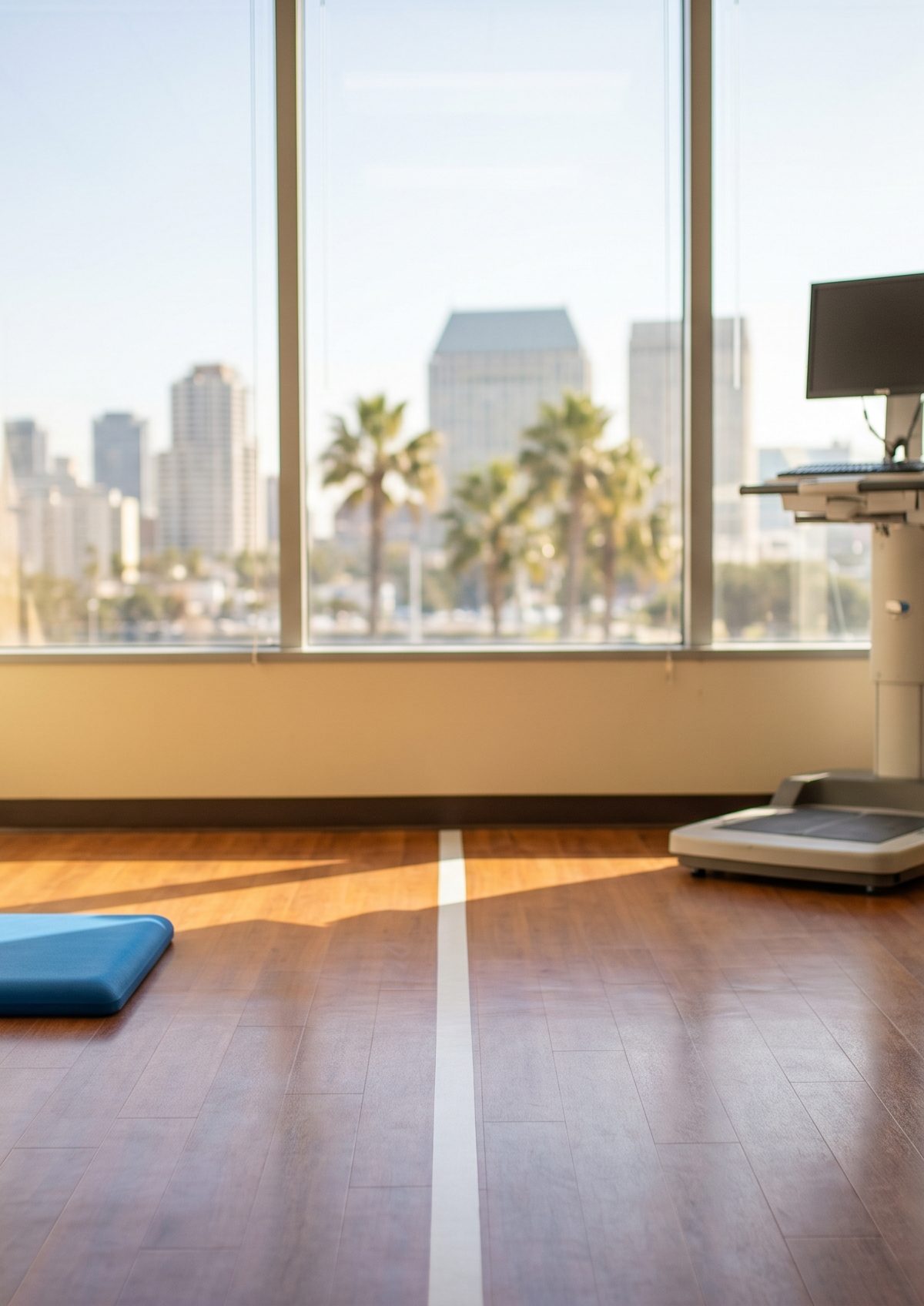 Clinical vestibular and balance testing setup for a dizziness and balance clinic evaluation in San Diego