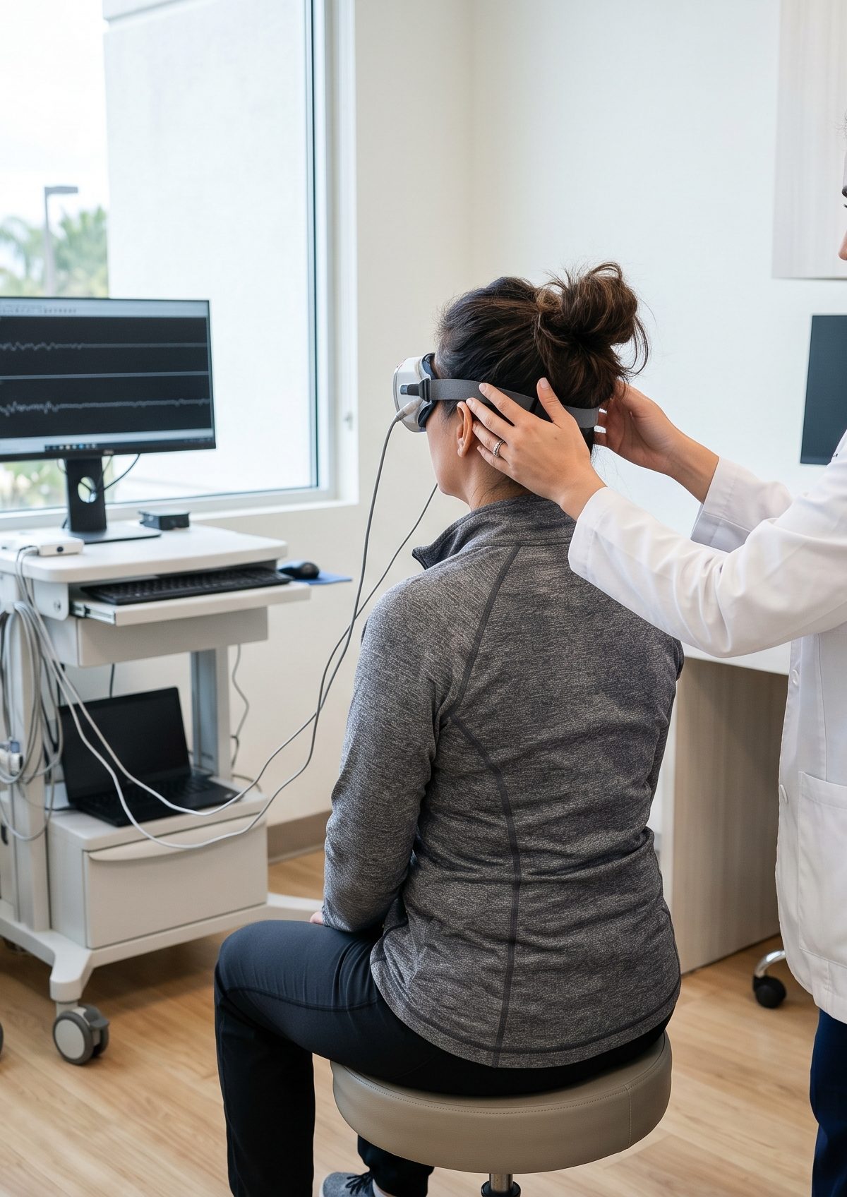 Clinician performing balance and eye movement assessment for dizziness in a San Diego clinic