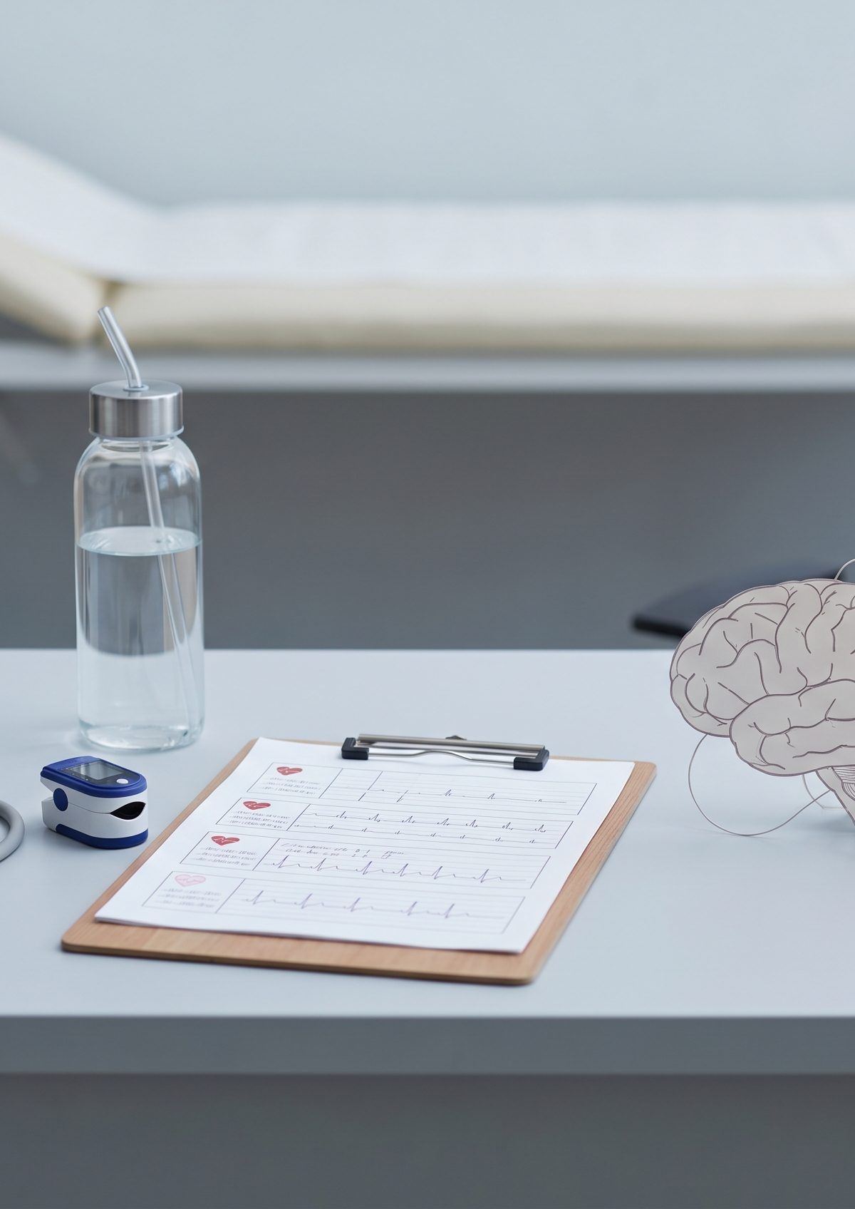 Clinical orthostatic assessment setup showing blood pressure cuff, pulse oximeter, hydration bottle, and exam room tools for dizziness when standing evaluation
