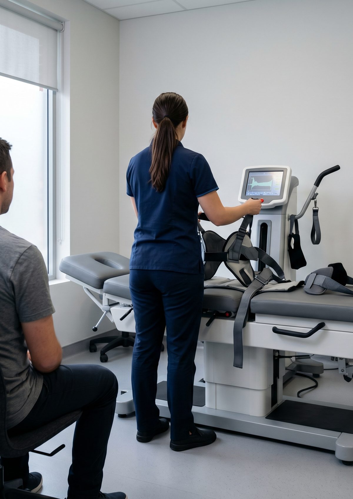 Non-surgical spinal decompression setup for herniated disc care in a clinical setting
