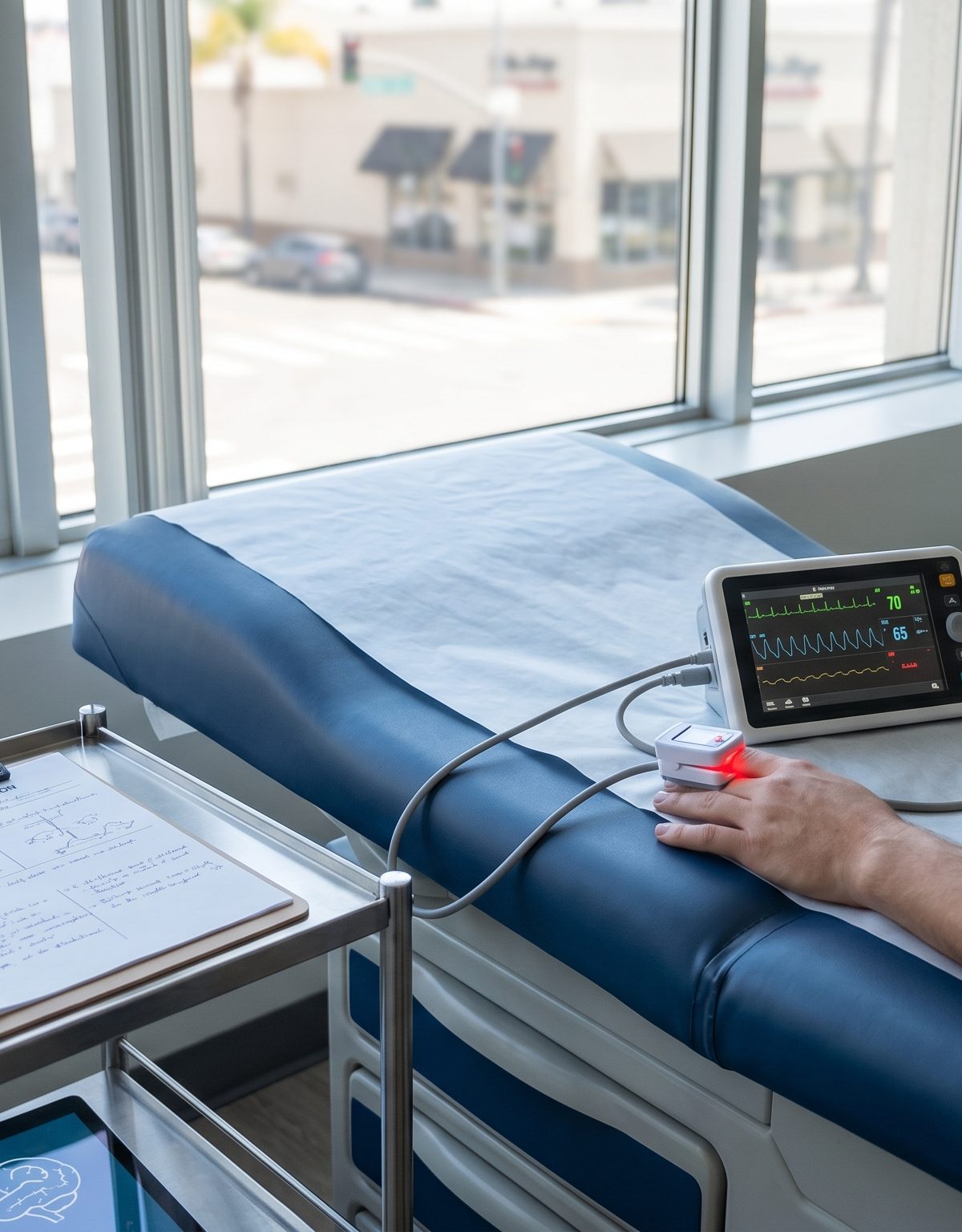 Clinical autonomic evaluation setup with blood pressure cuff and neurologic testing tools in a San Diego clinic