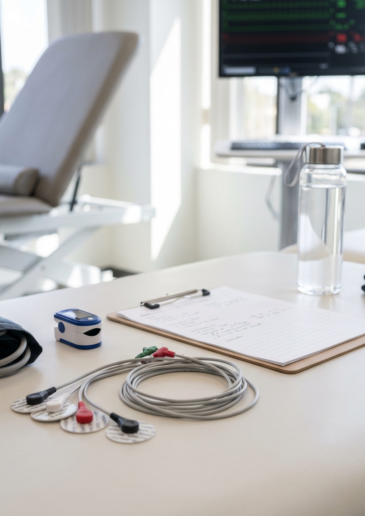 Blood pressure cuff and heart rate monitoring setup for POTS testing in a clean clinical exam room