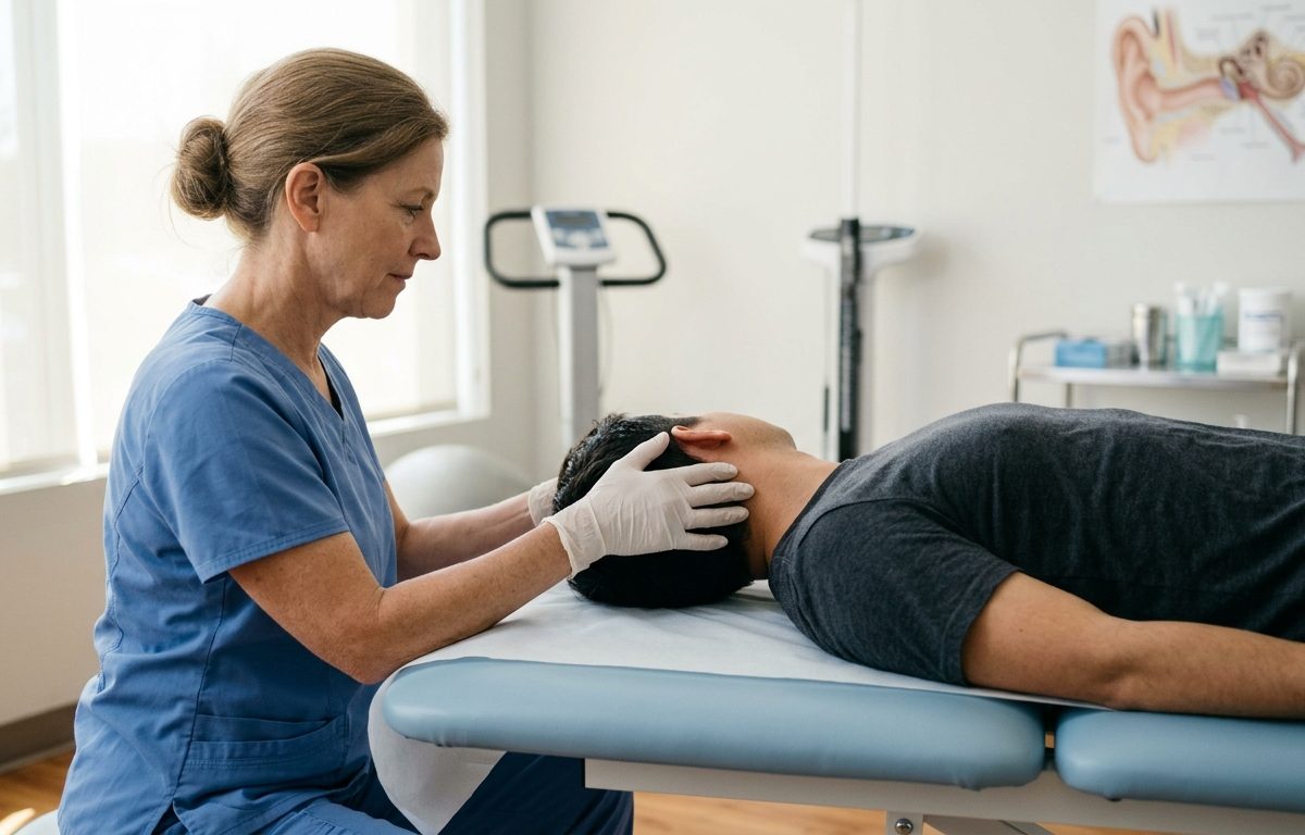 Vestibular evaluation setup in a clean clinical room for positional vertigo assessment