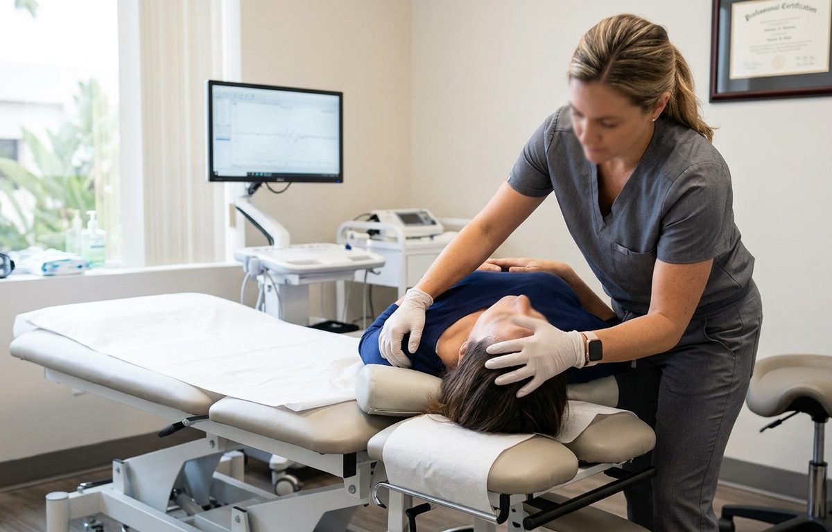 Clinical vestibular exam setup for BPPV testing in a clean treatment room