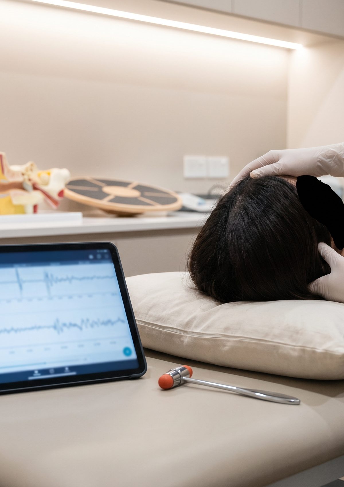 Clinical vestibular assessment setup illustrating positional vertigo and vestibular migraine comparison