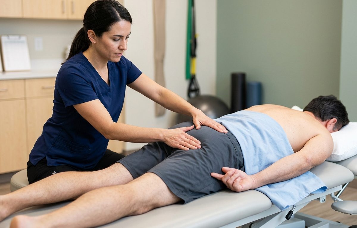 Clinical evaluation for buttock pain radiating down the leg in a modern San Diego therapy setting