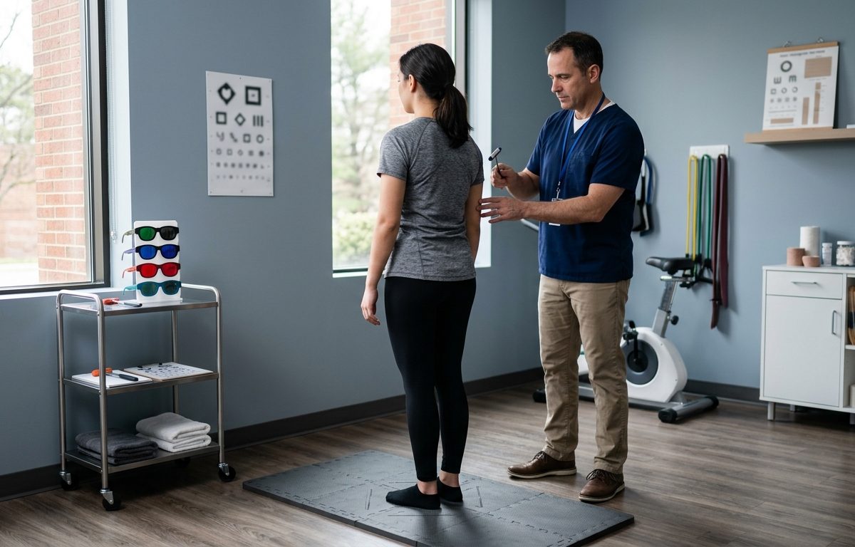 Clinical balance and visual assessment setup for lingering concussion symptoms in a modern San Diego rehabilitation clinic