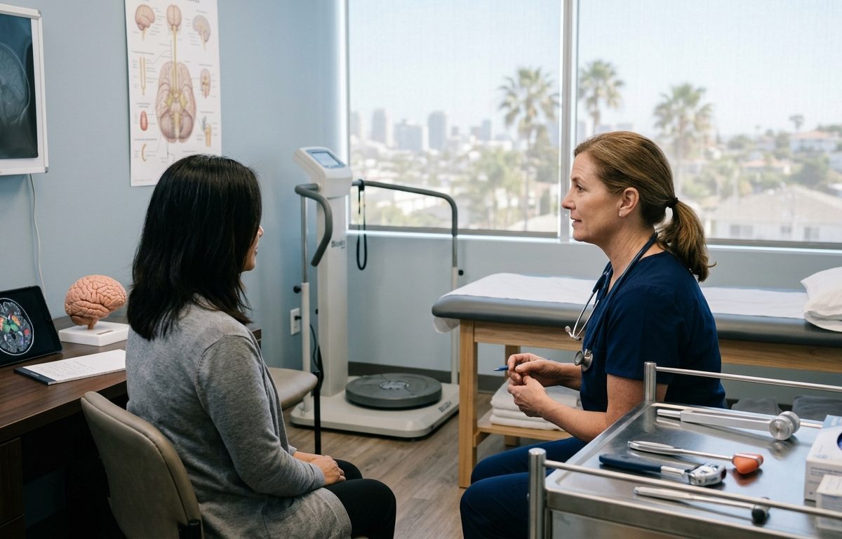 Clinical headache evaluation and neurologic rehabilitation setting in San Diego with exam equipment and no visible faces