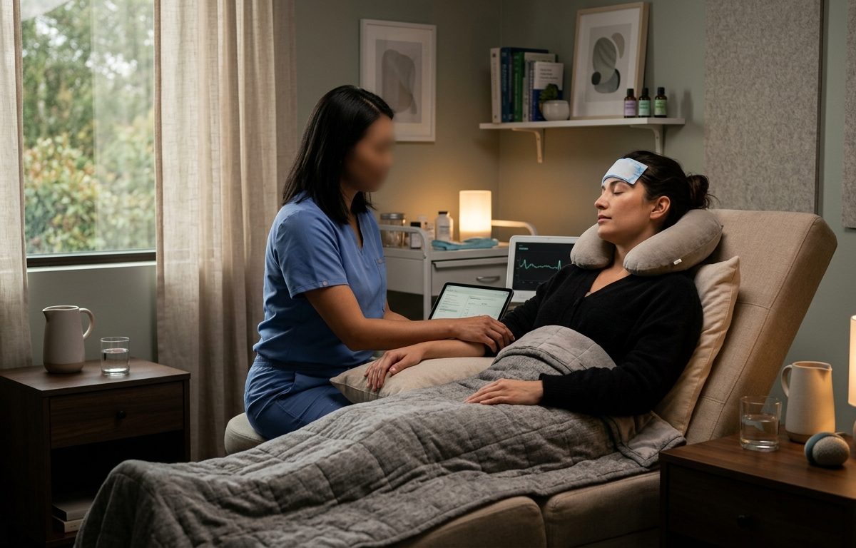 Calm clinical neurology exam room with soft lighting and migraine-friendly setting