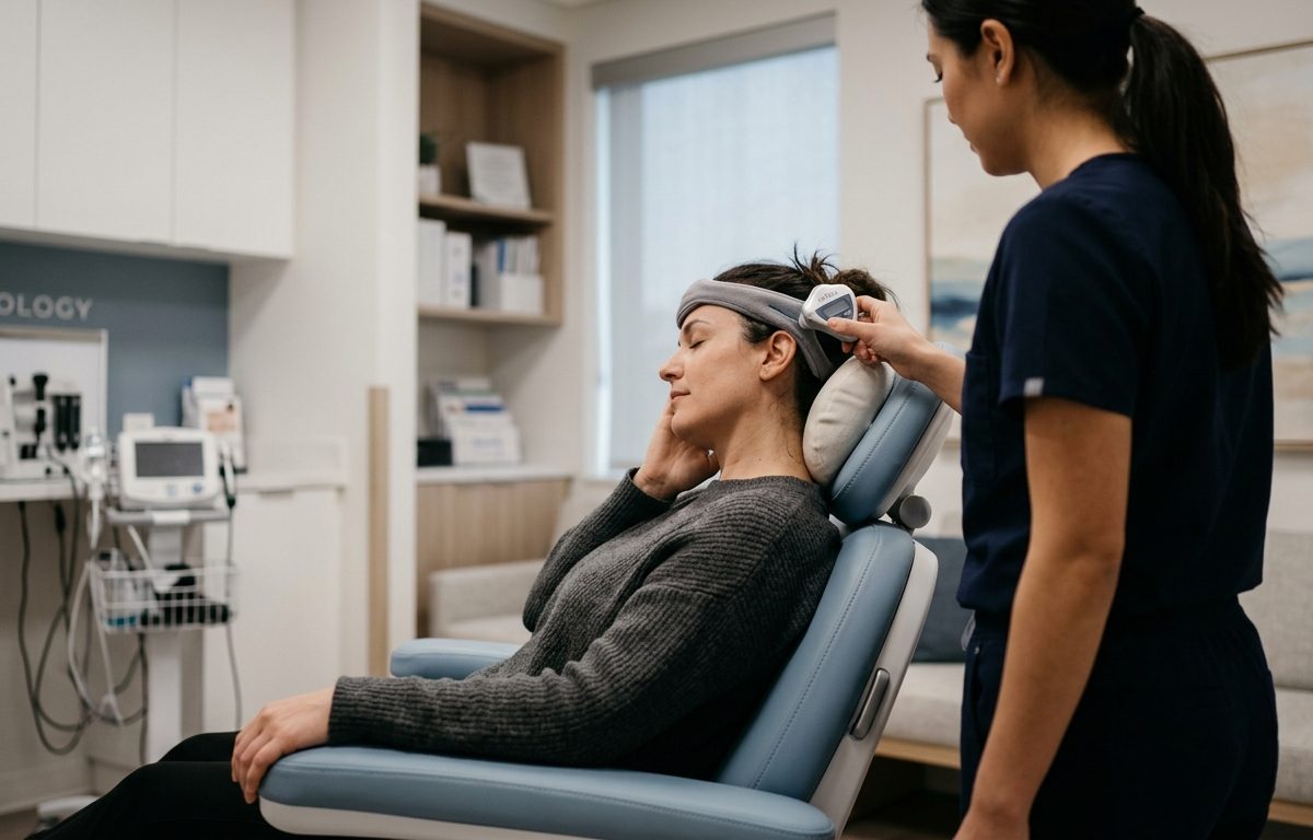 Calm clinical migraine evaluation setting with soft lighting and no faces