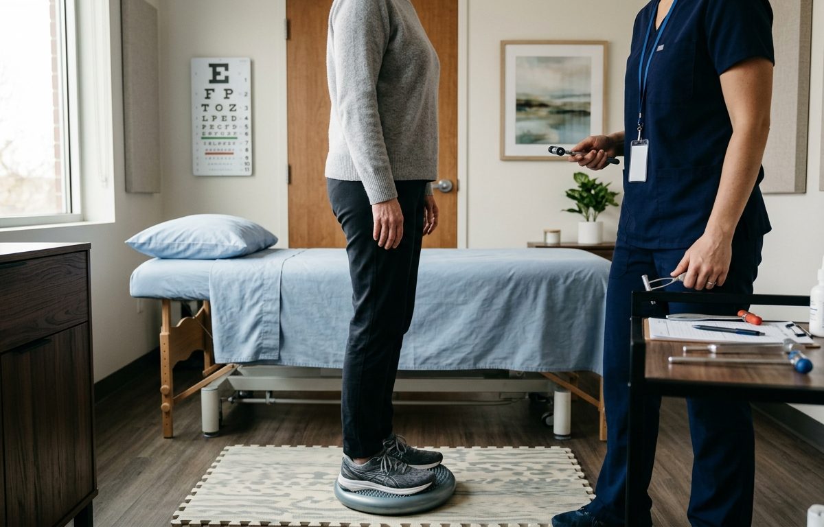 Calm clinical rehab setting with visual and balance assessment tools representing concussion-related anxiety symptoms