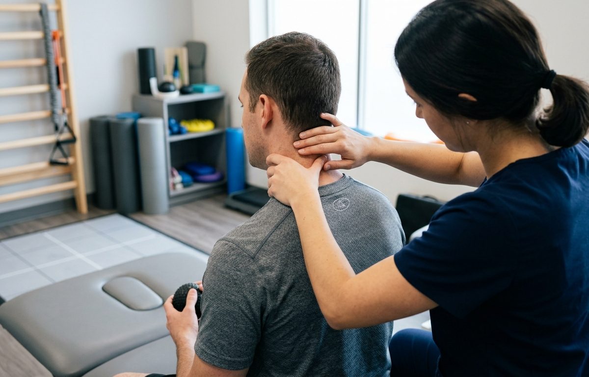 Clinical rehabilitation setting illustrating concussion and neck pain assessment without visible faces