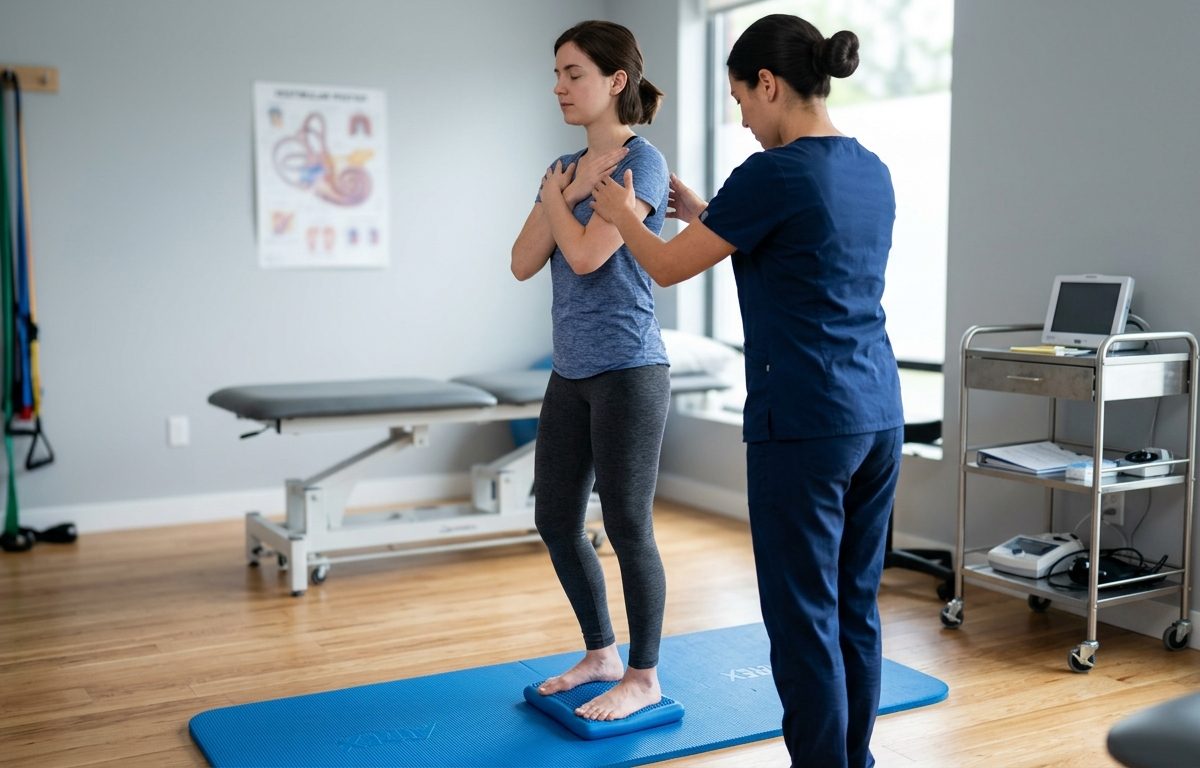 Photorealistic clinical balance assessment scene without text or faces