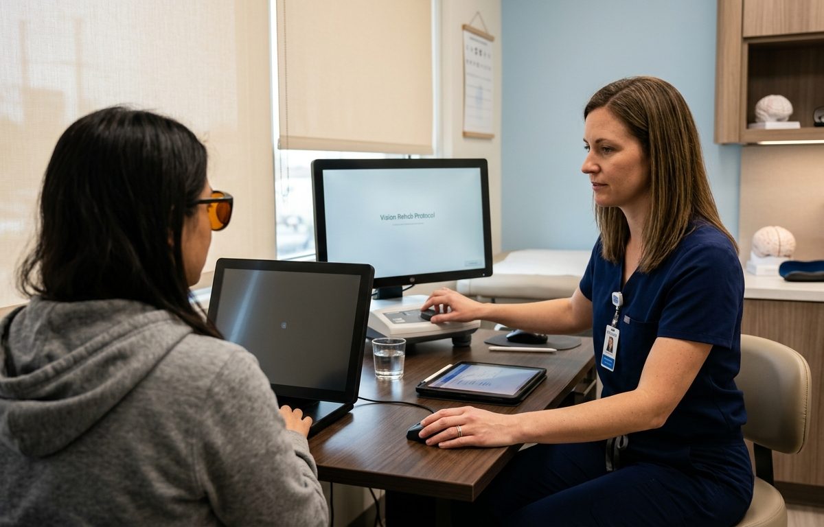Calm clinical exam room lighting setup for post-concussion light sensitivity evaluation