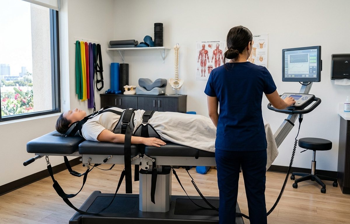 Modern spinal decompression therapy room in a clean San Diego clinical setting with no people visible