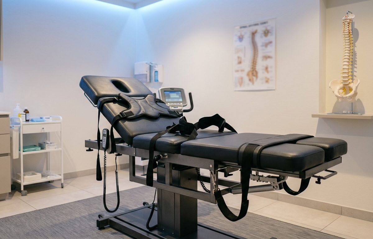 Clinical spinal decompression table in a clean treatment room