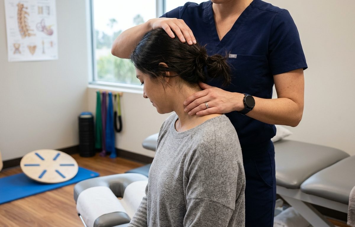 Clinical balance and neck assessment setup in a clean San Diego rehabilitation setting