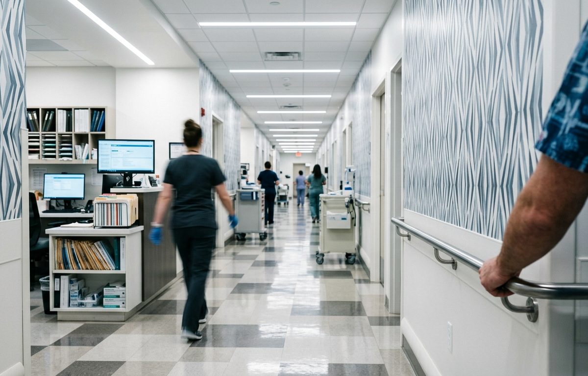 Clinic hallway scene with patterned visual cues representing dizziness in busy environments