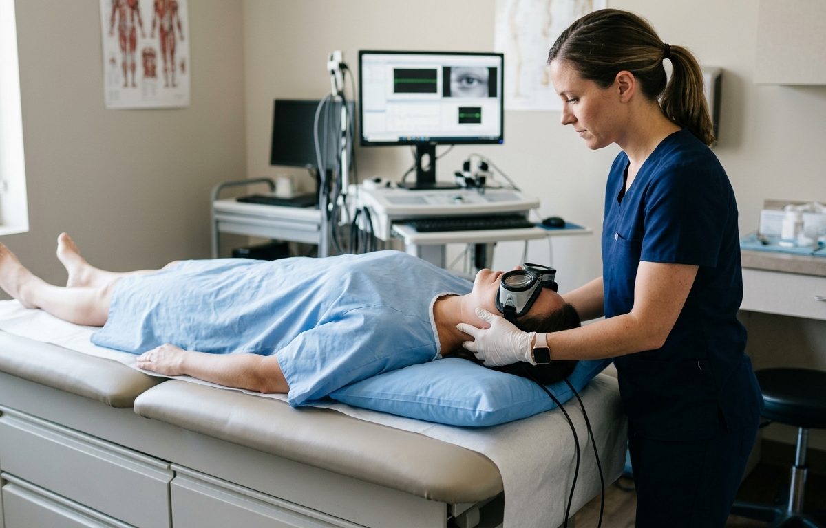 Clinical vestibular evaluation setup for dizziness triggered by lying down