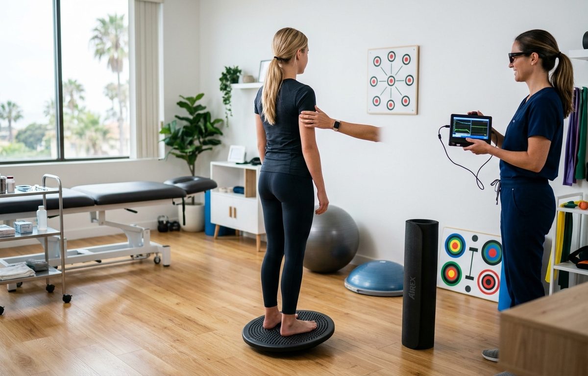 Functional neurology clinic exam setup in San Diego with balance and visual assessment tools