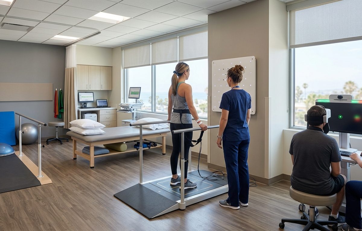 Clinical concussion rehabilitation setting with balance and visual assessment tools in a clean San Diego neurology clinic