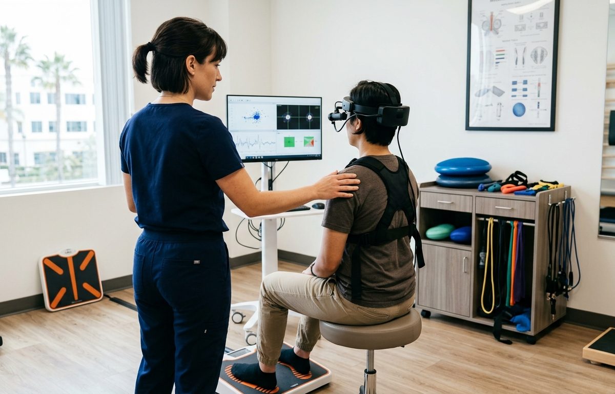 Clinical functional neurology evaluation setup in a modern San Diego rehab setting