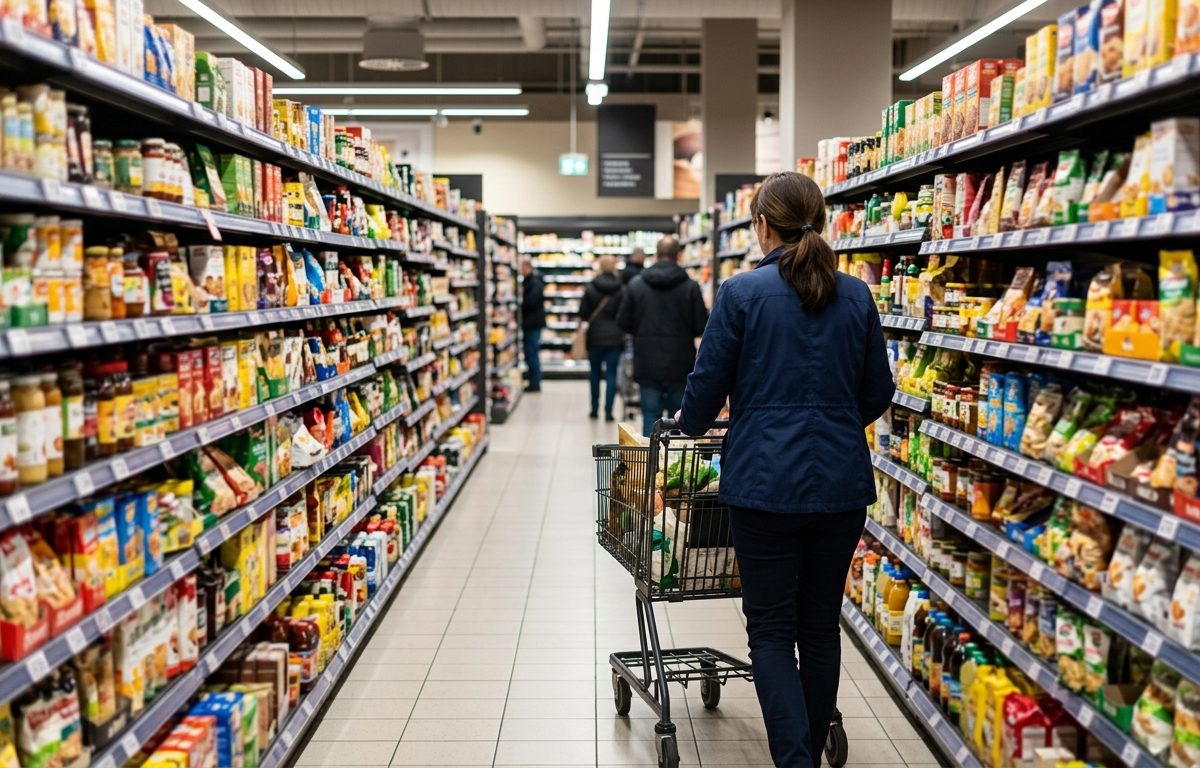 Bright grocery aisle with blurred shelves suggesting visual-motion sensitivity without showing faces