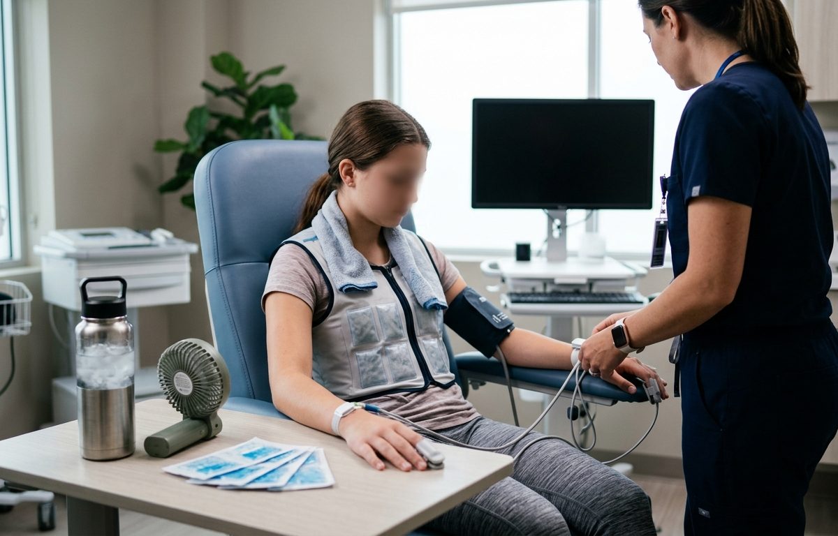 Clinical autonomic assessment setup with cooling, hydration, and heart rate monitoring cues
