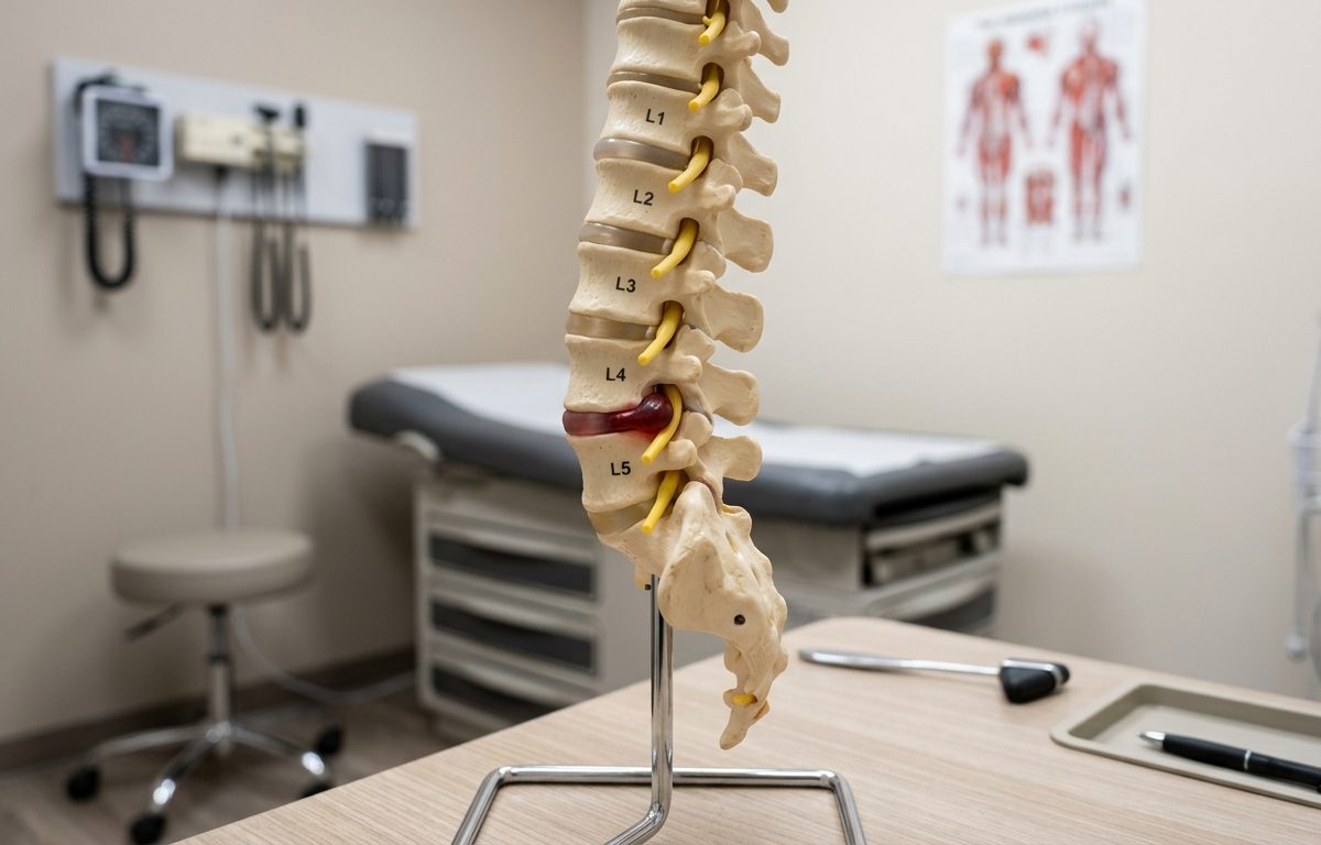 Medical illustration of lumbar spine showing herniated disc pressing on nerve root