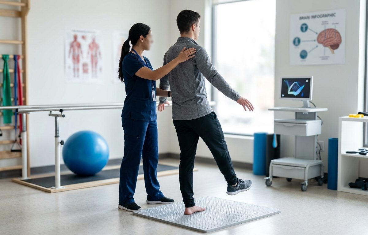 Clinical rehabilitation scene representing lingering concussion recovery without visible faces or text