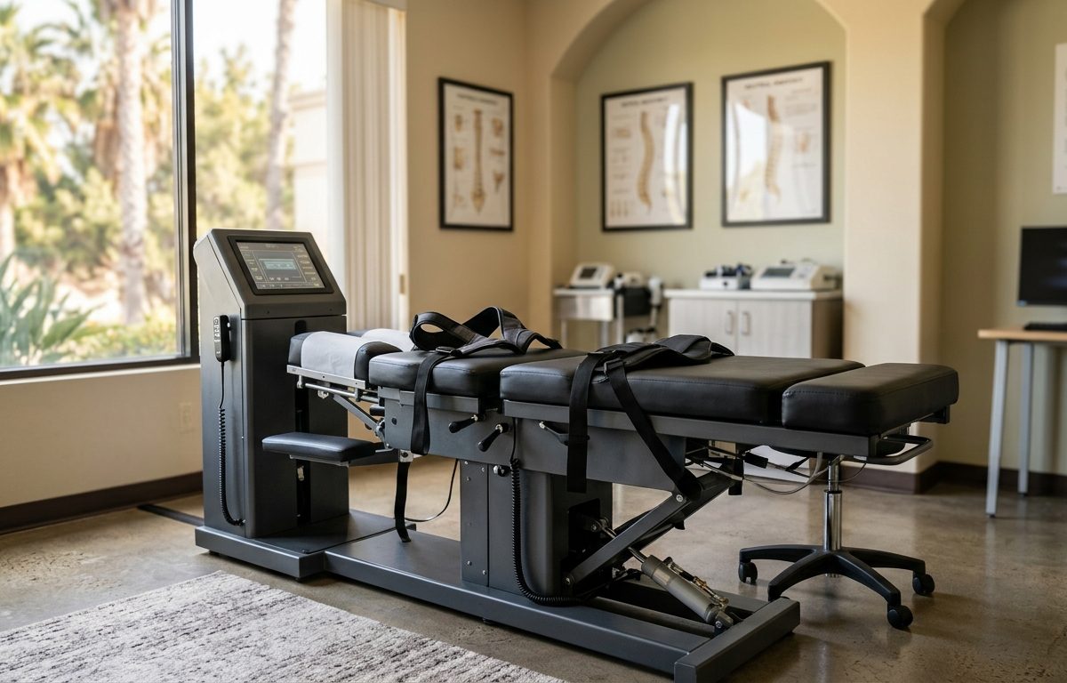 Modern spinal decompression treatment room with lumbar support equipment in a clean San Diego clinic setting