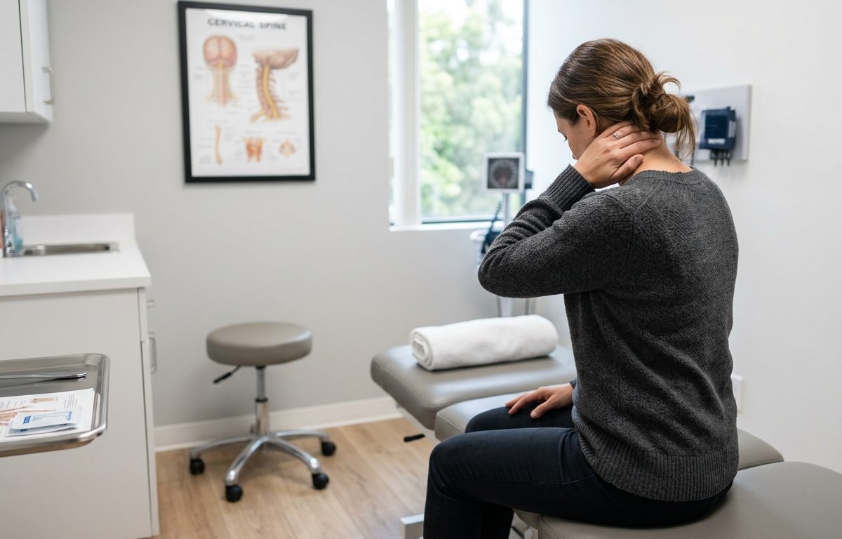 Clinical migraine and neck pain evaluation setup in a clean San Diego treatment room