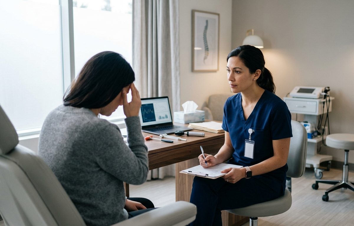 Calm clinical migraine evaluation setting with exam tools and soft natural light