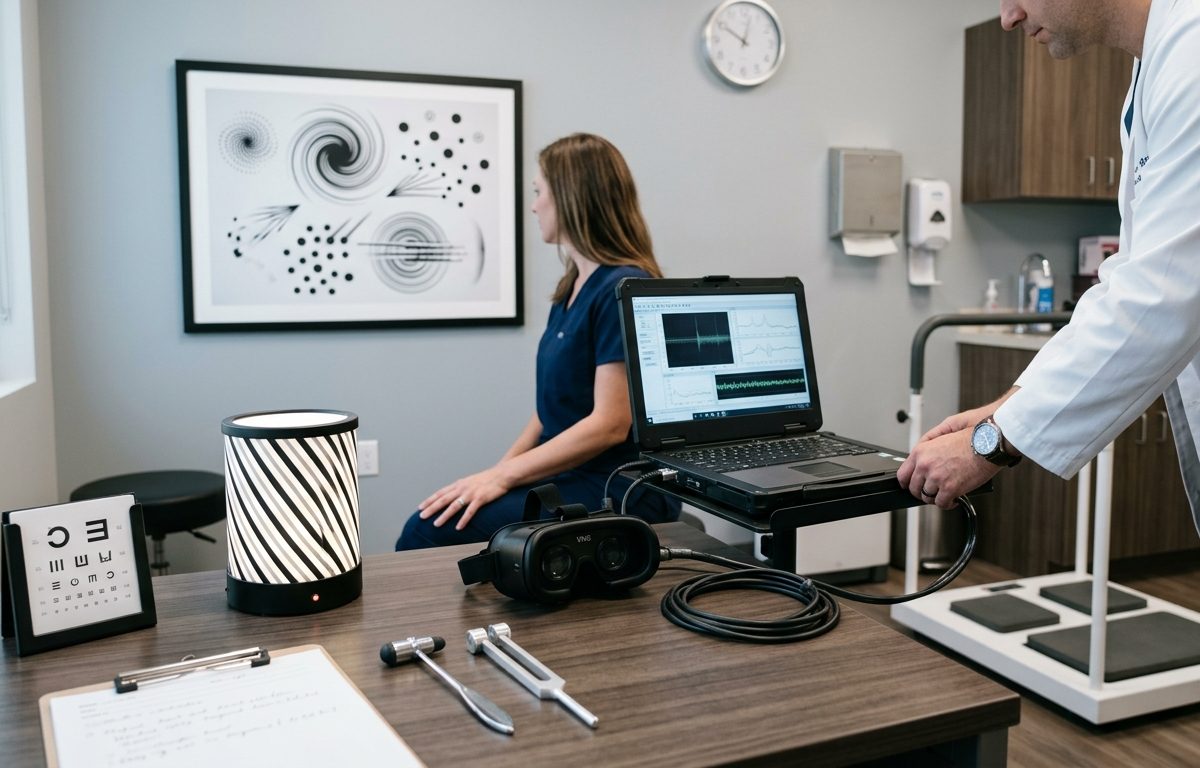 Clinical balance and visual motion assessment setup for migraine-related dizziness evaluation